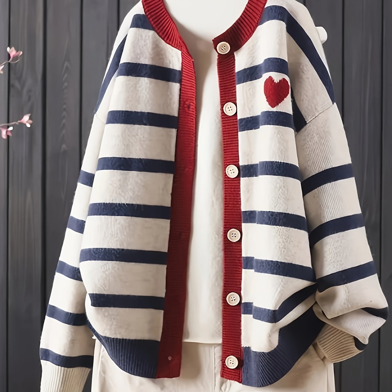 Women's Striped Heart Pattern Cardigan Casual Long Sleeve Round Neck Autumn Winter