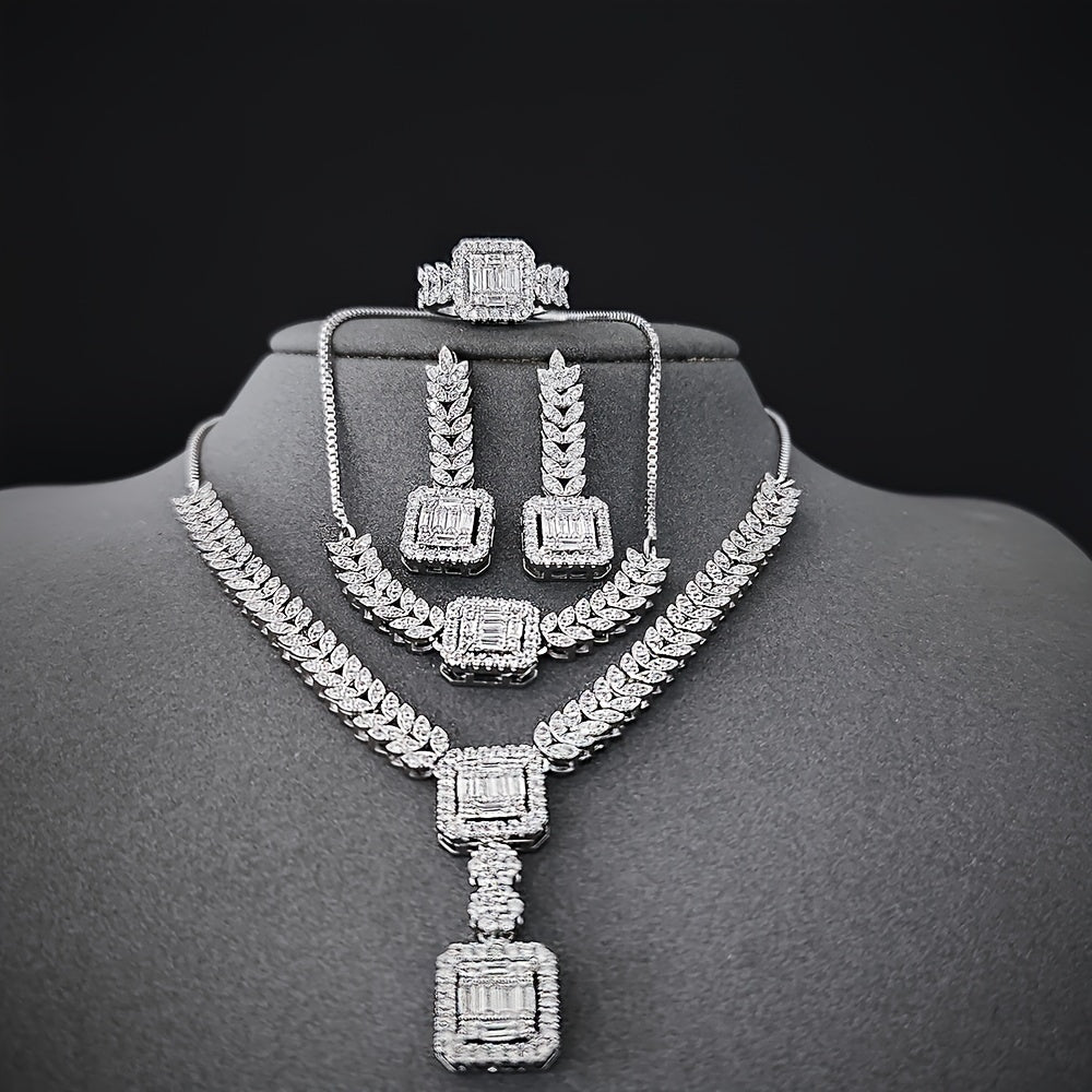Elegant 4-Piece Jewelry Set Cubic Zirconia Necklace Earrings Bracelet Ring for Weddings