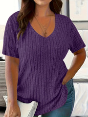 Plus-Size Ribbed V-shakli bo'yinli qisqa qo'lli futbolka, kundalik, kuz va bahor
