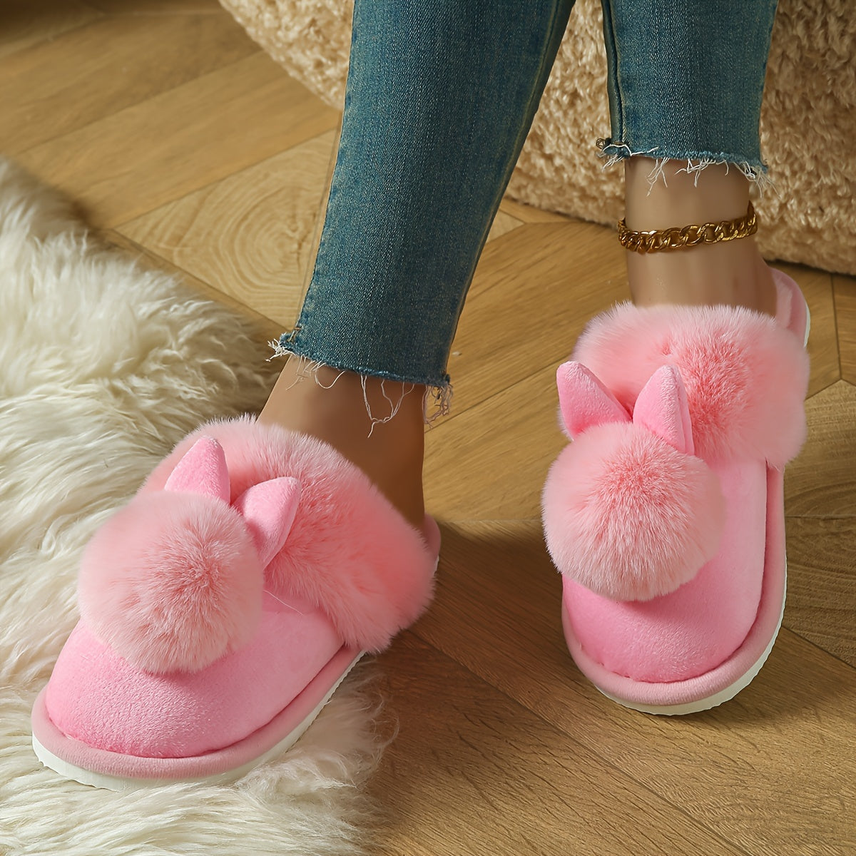 Unisex Plush Fluffy Indoor Slippers Solid Color Floor House Shoes