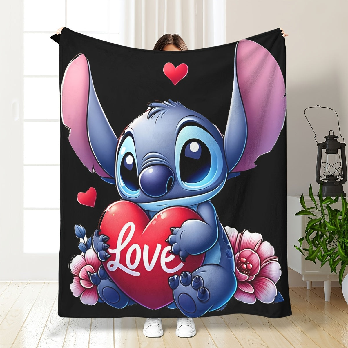 Cute Stitch Cartoon Love Heart Flannel Throw Blanket Soft Fleece All-Season
