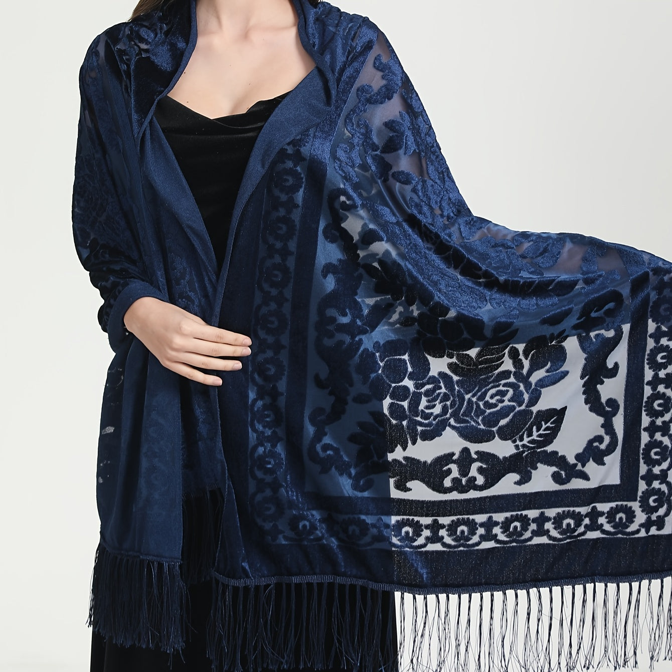 Black Floral Lace Shawl with Tassels and Rose Pattern for Evening Events