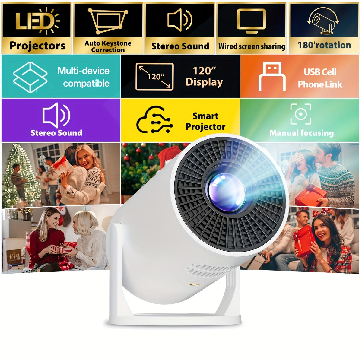 Портативный проектор с гибким углом 180°, 3D-совместимость, разрешение 320x240