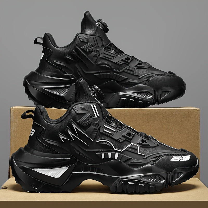 Men's Black Chunky Sneakers with Rotating Buckle Anti-Slip Breathable Fabric for Sports Outdoor
