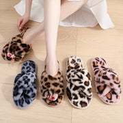 Women's Leopard Print Plush Slippers Cross Strap Soft Fabric All-Season