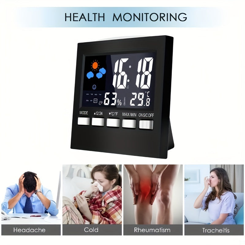 Digital Weather Station Indoor Temperature Humidity LCD Alarm Clock Calendar Voice Control Battery Powered