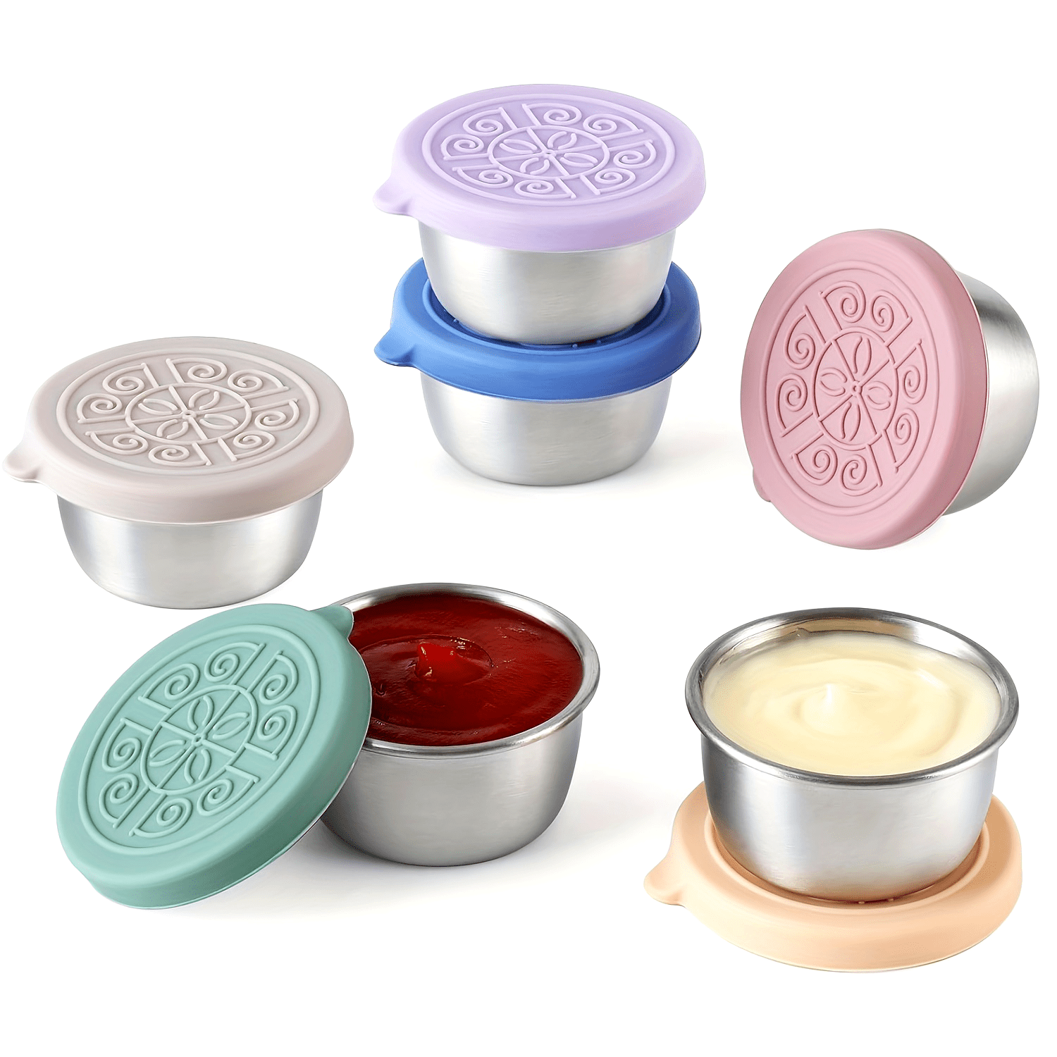 Stainless Steel Condiment Cup with Silicone Lid Leakproof Rust-Resistant Flower Pattern Multicolor