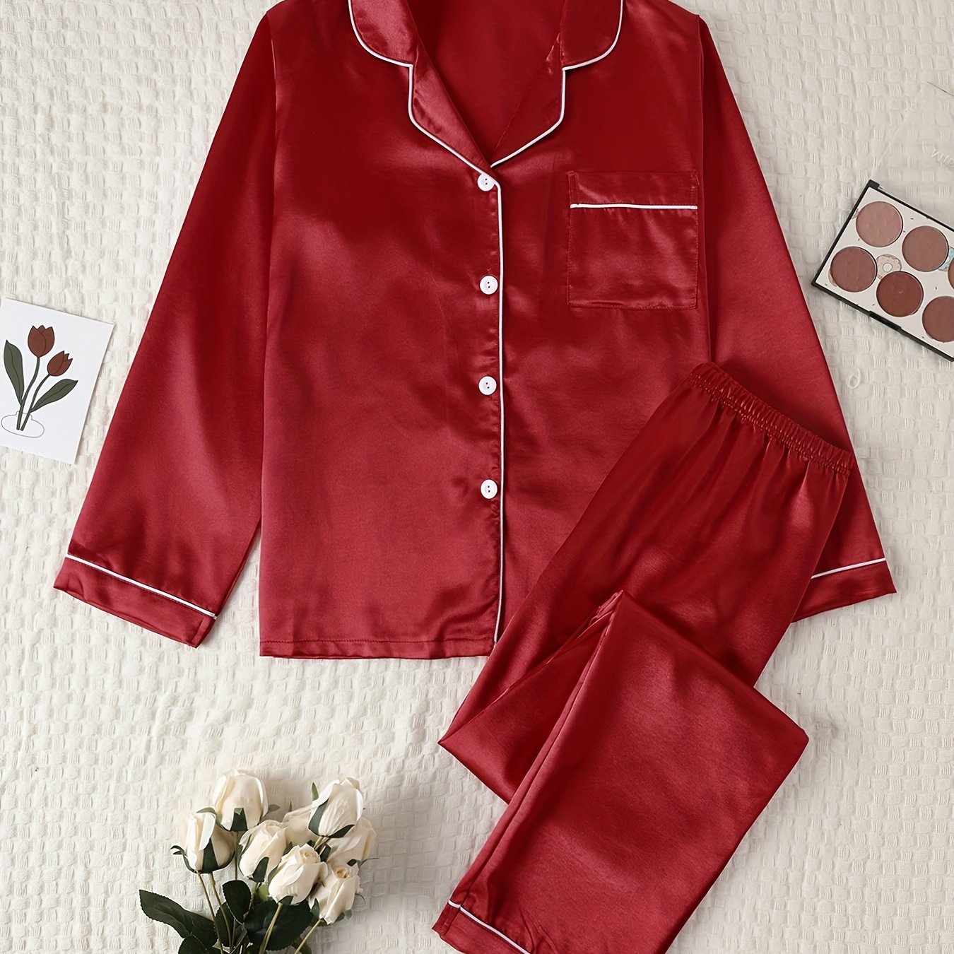 Women's Satin Pajama Set Long Sleeve Winter Solid Color Elastic Waist Lounge Sleepwear