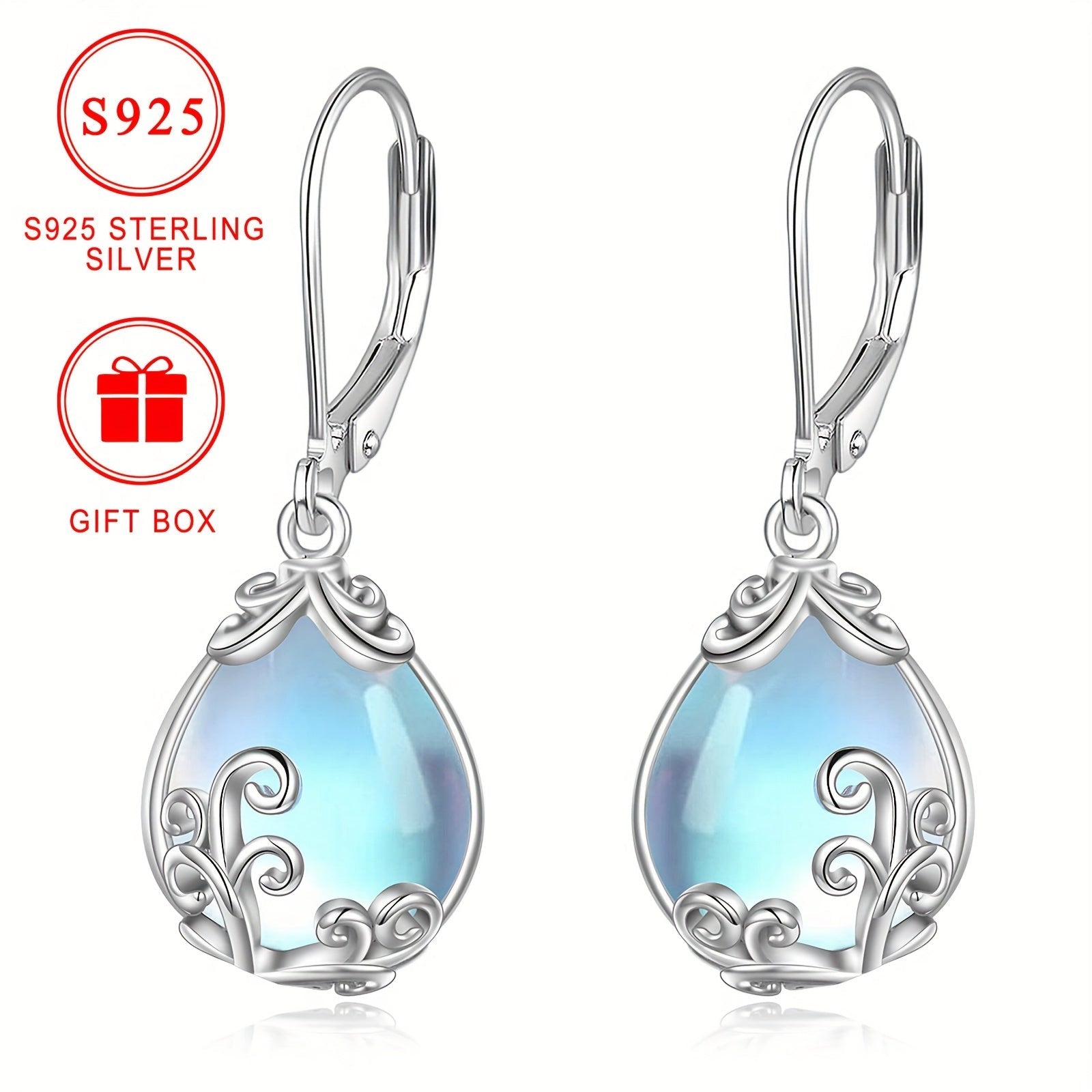 Sterling Silver Drop Earrings with Synthetic Moonstone Teardrop Floral Design Hypoallergenic for Women