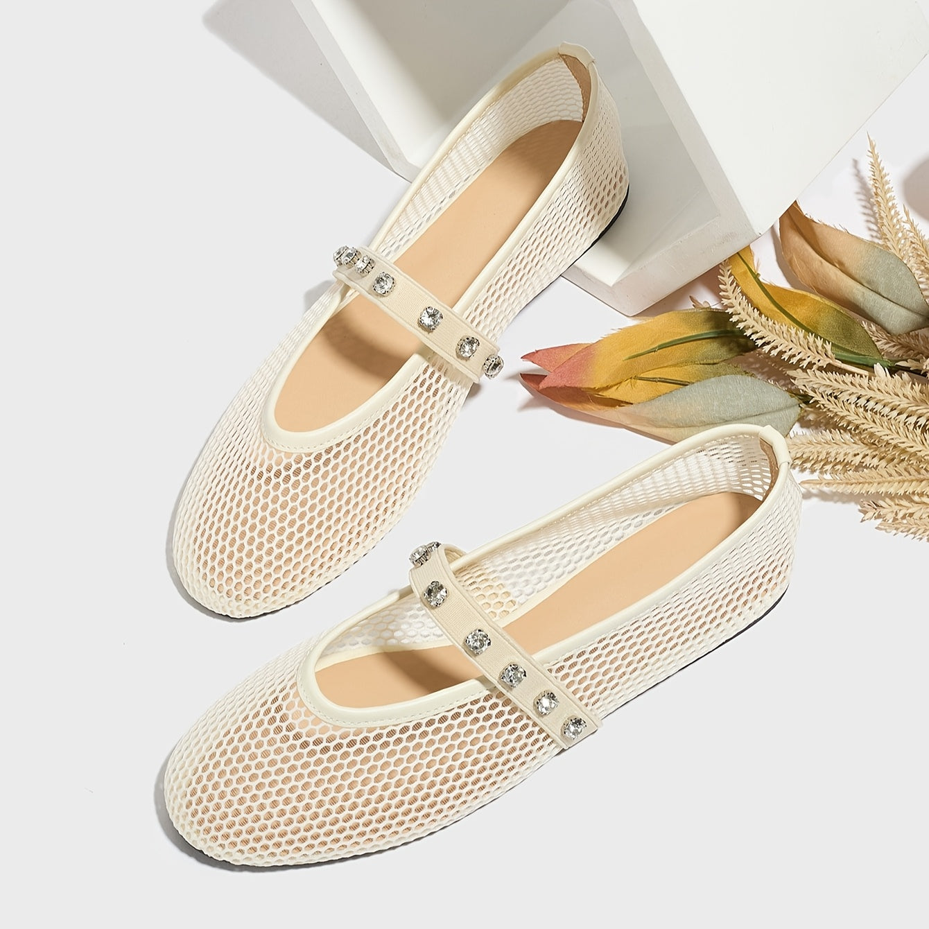 Women's Mesh Ballet Flats with Rhinestone Strap and Round Toe