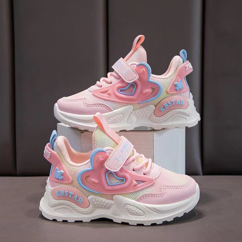 Girls Pink Casual Sneakers with Heart and Star Design Breathable Lightweight All-Season