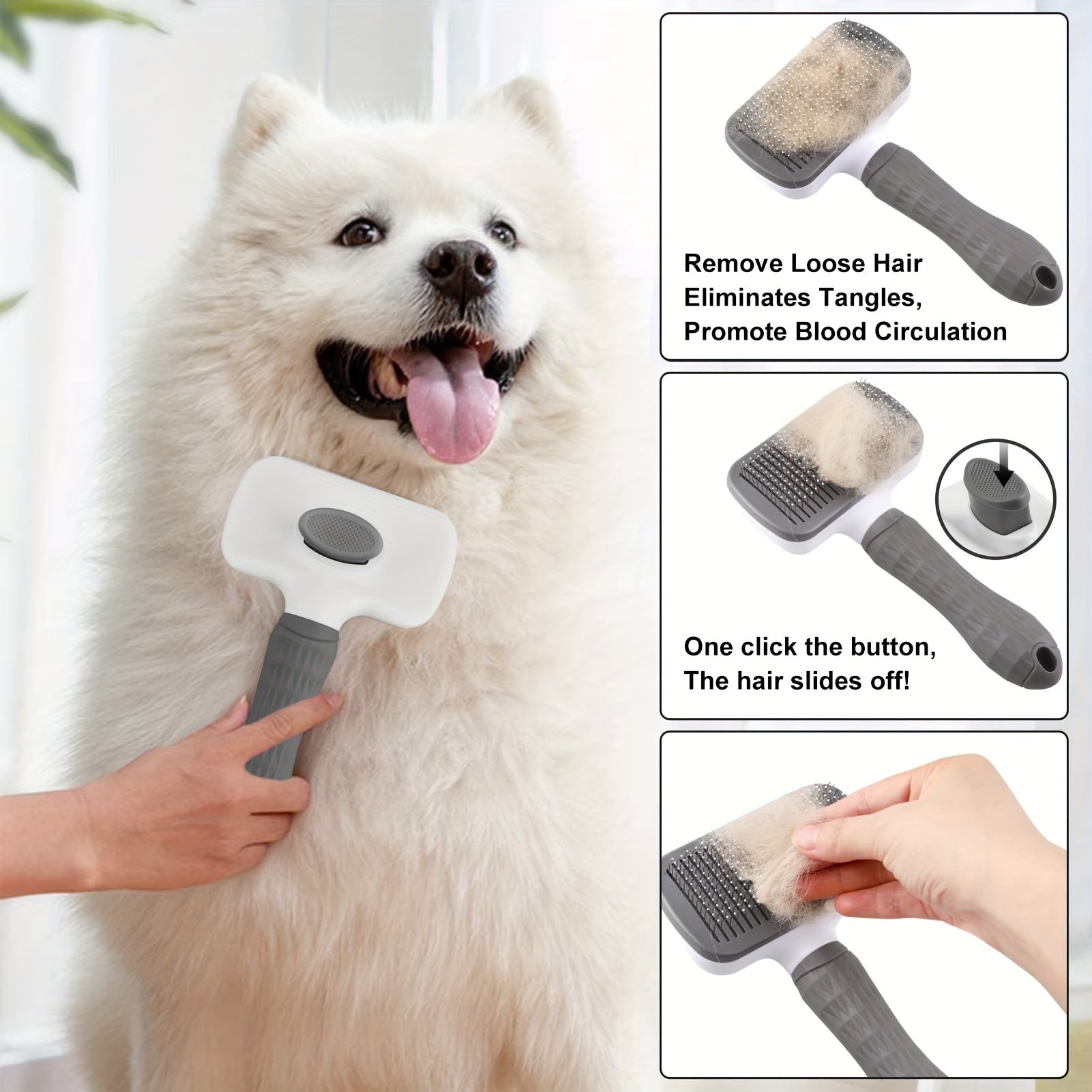 Pet Grooming Brush for Dogs and Cats Deshedding Massage Comb with One-Click Hair Removal Plastic Handle