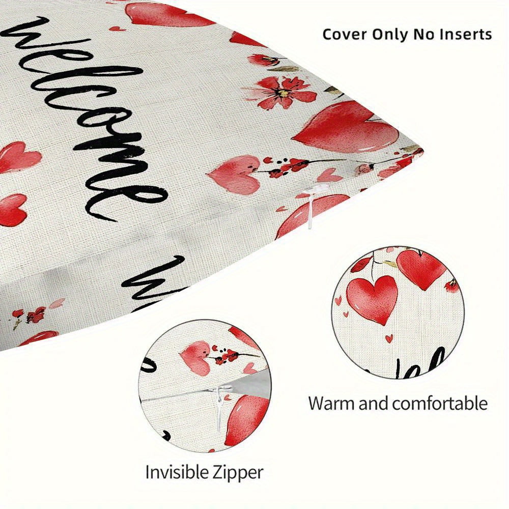 Red Heart and Floral Throw Pillow Cover 45cm Polyester Zippered Washable Decorative