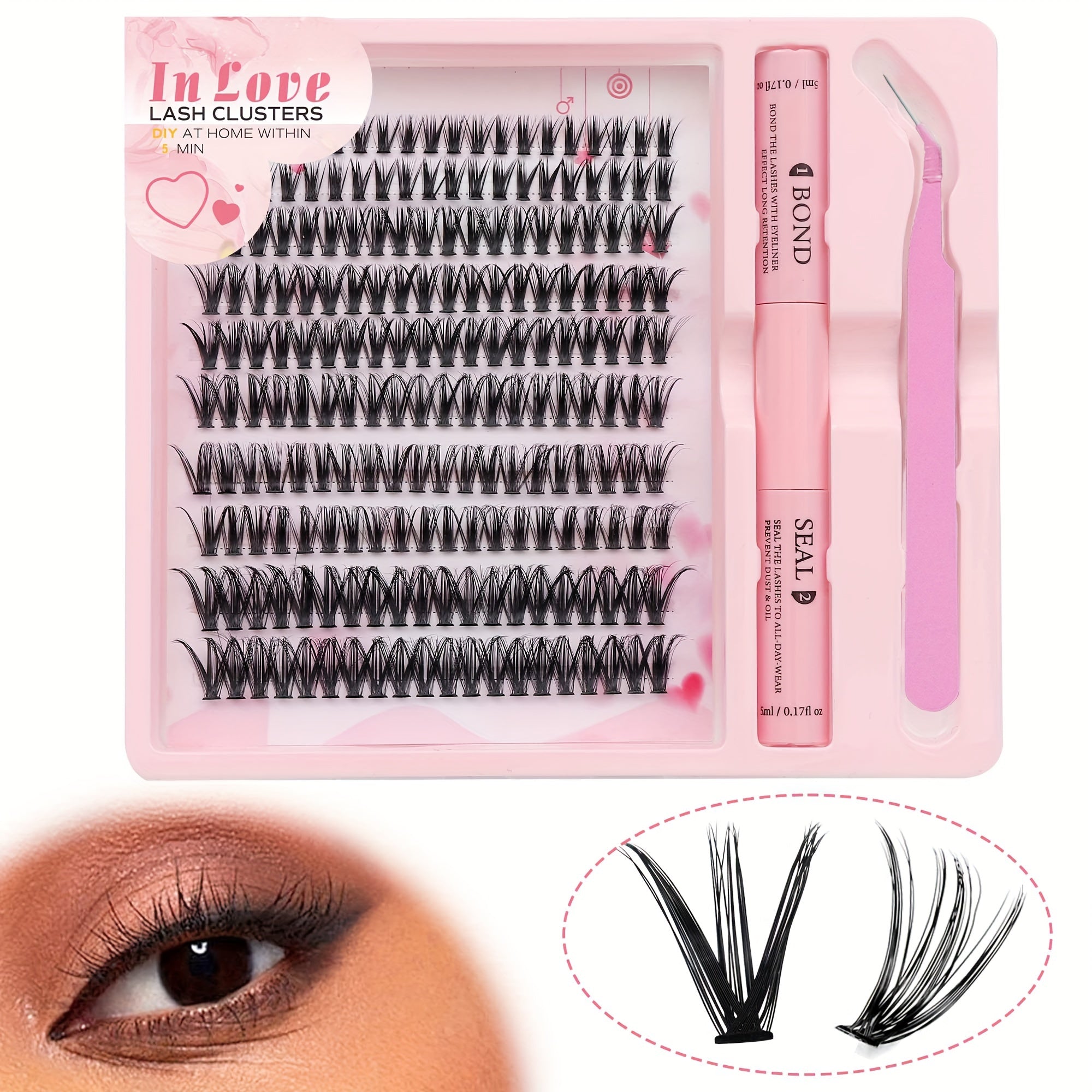 Pink Lash Kit with 200 C-Curl False Eyelash Clusters 10-16mm Hypoallergenic Travel-Friendly