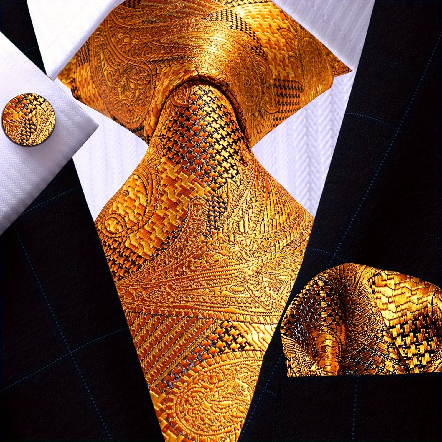 Men's Gold Accessories Set Tie Pocket Square Cufflinks for Weddings Business