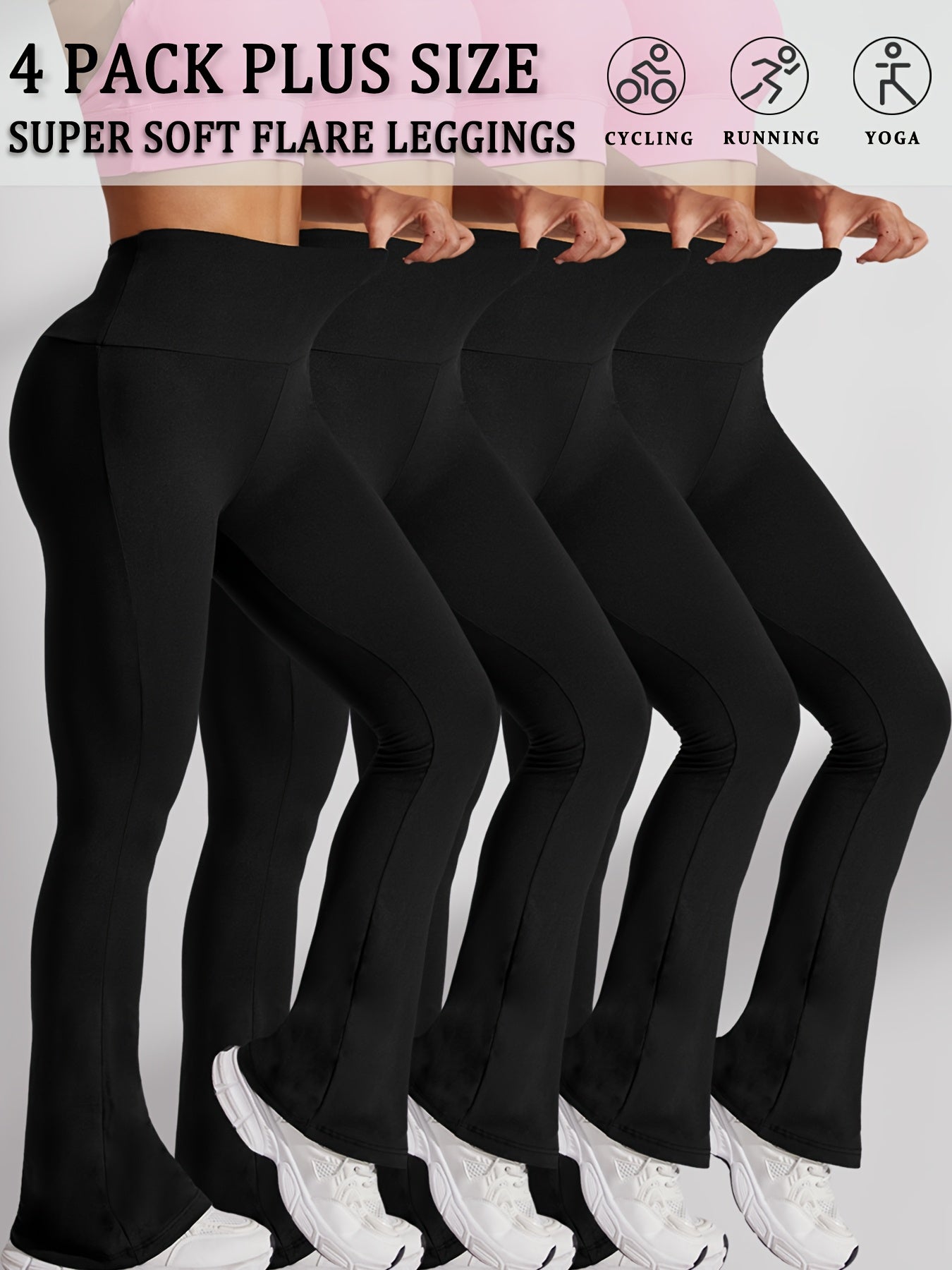 Plus Size Womens High Waist Flare Leggings Tummy Control Yoga Pants Pink Black Gray