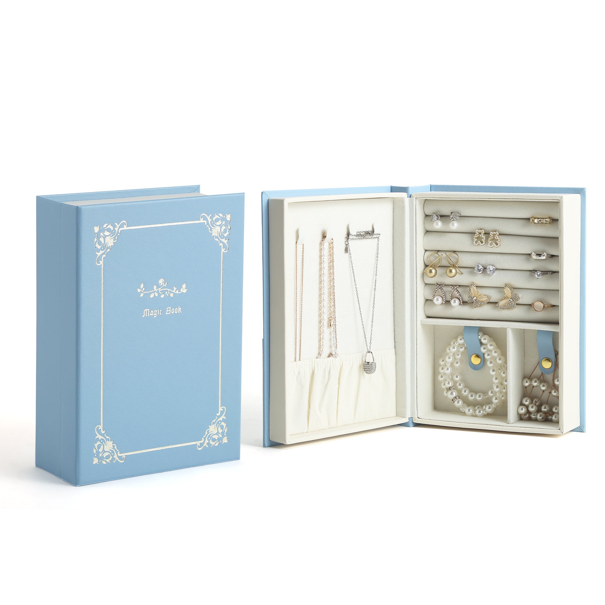 Caja organizadora de joyas magnética para pulseras, collares, anillos y diario en forma de diario