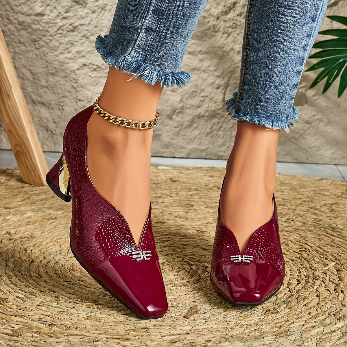 Women's Fashion Deep Mouth Diamond Buckle Square Toe High Heels Comfortable Chunky Heel