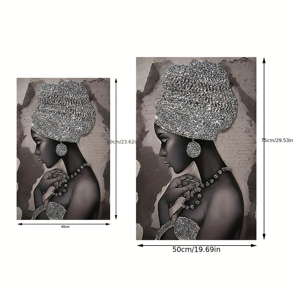 Abstract Canvas Wall Art Featuring Silvery Glitter Embroidered African Woman 40x60cm or 50x75cm
