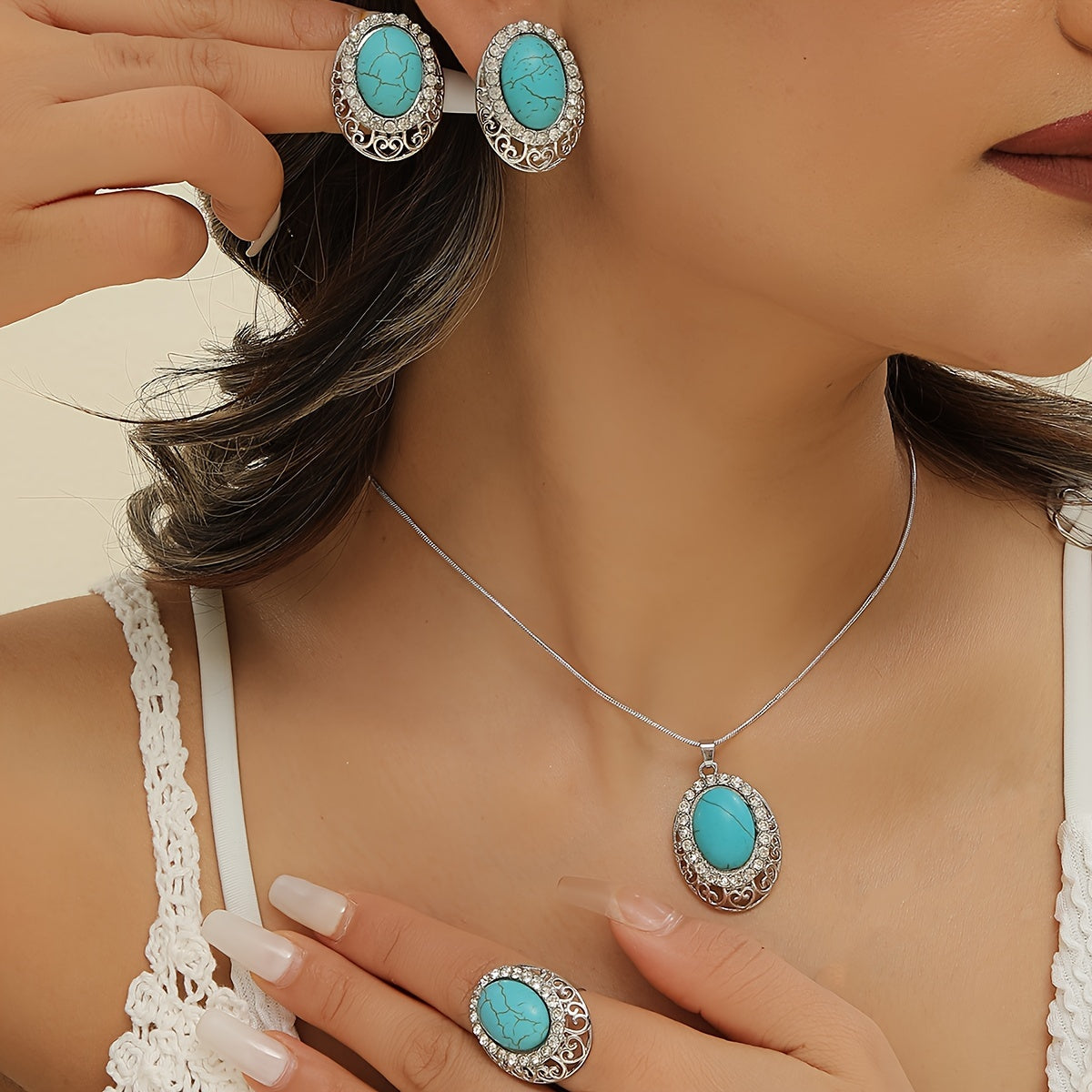 Turquoise Bohemian Style Jewelry Set for Women with Ring Earrings Necklace