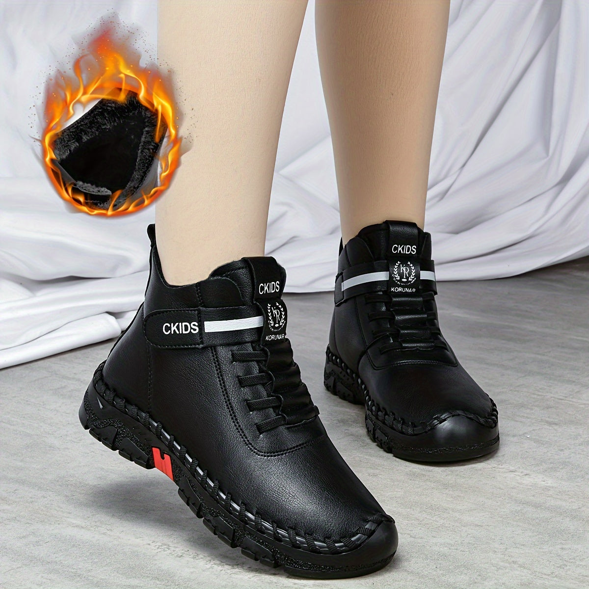 Women's Winter Ankle Boots Fleece-Lined Mid-Heel Casual Shoes Black White Plus Size