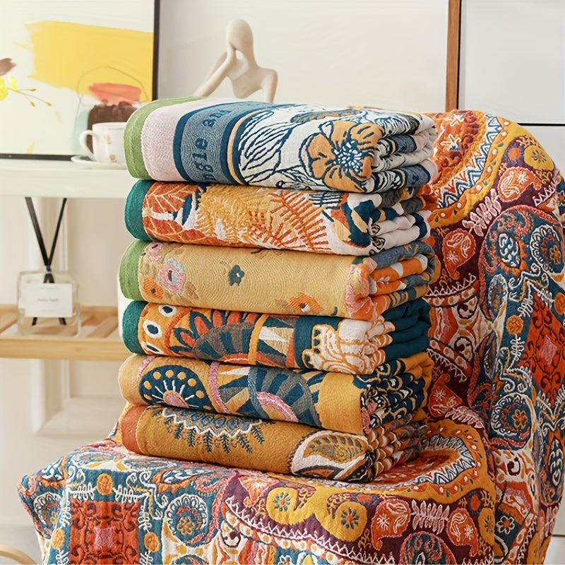 Katta gullar bilan bezatilgan plyaj sochiq to'pi super singdiruvchi paxtadan tayyorlangan to'rt qatlamli dizaynga ega. Yorqin to'q sariq, ko'k va yashil gullar naqshiga ega. Yumshoq, tez quriydigan va uyda yoki sayohatda foydalanish uchun mukammal.