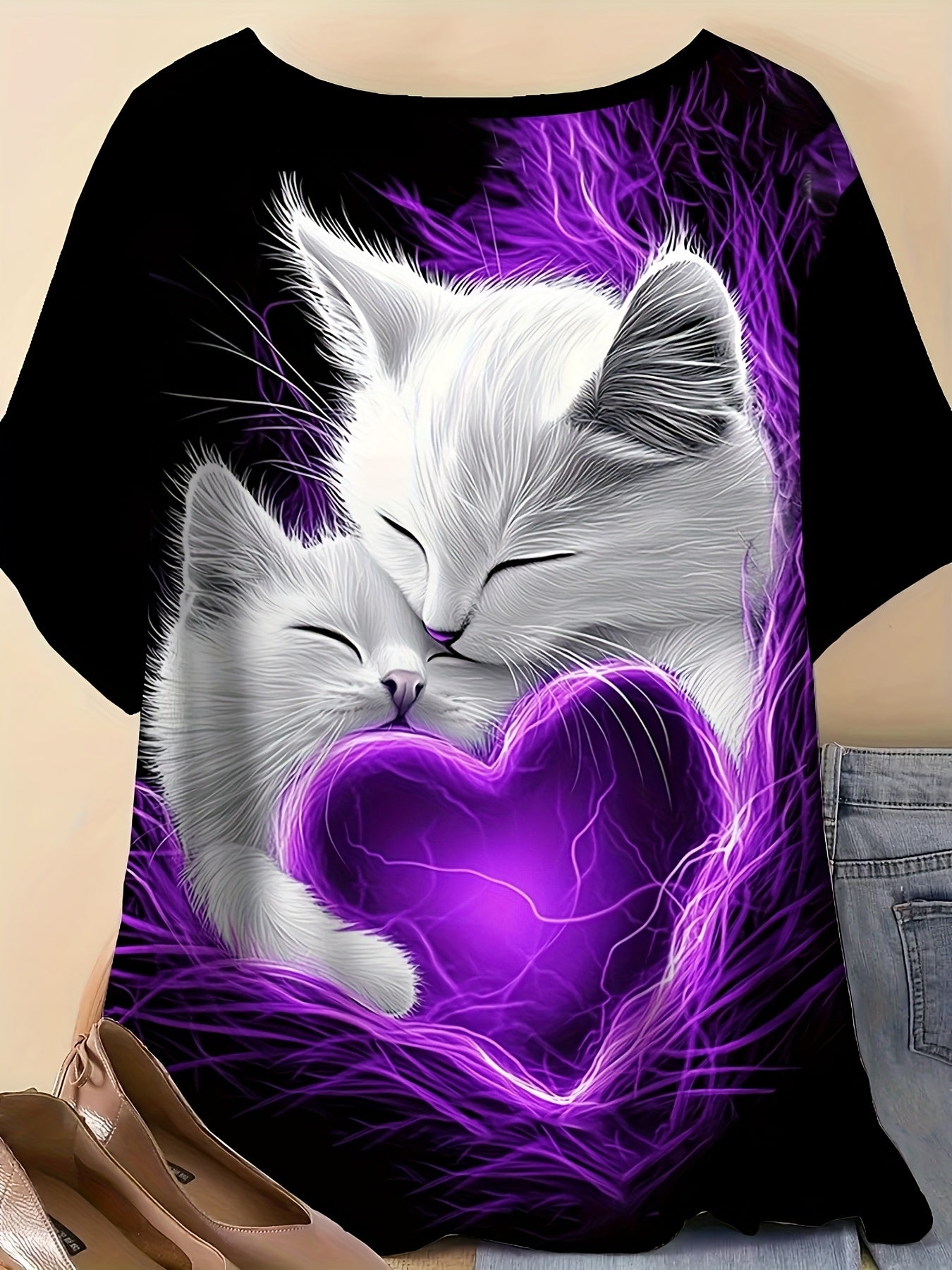 Plus Size Women's White Kittens Purple Hearts Graphic T-Shirt Casual Summer