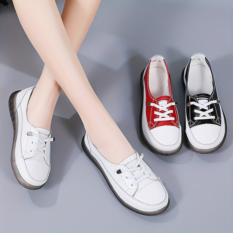 Women's Synthetic Leather Sneakers All-Season Lightweight Non-Slip Casual Shoes in White Red Black