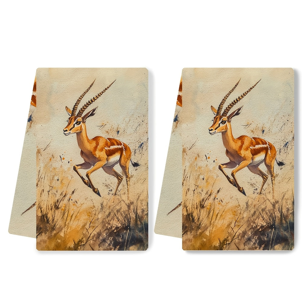 2 ta Ultra-Plush Oshxona Sochiqlari To'plami - Elegant Gazelle Grasslands Print, Super Qabul Qiluvchi va Oson Tozalanuvchi Qo'l Sochiqlari, Zamonaviy Qirg'oq Uslubi, 40.64x60.96 sm, Idish Sochiqlari