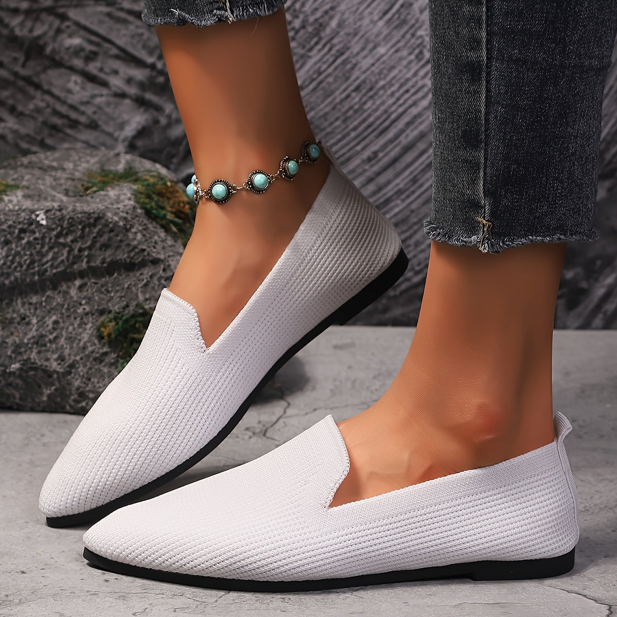 Women’s Slip-On Knit Pointed Toe Shoes Breathable Fabric All-Season Comfort