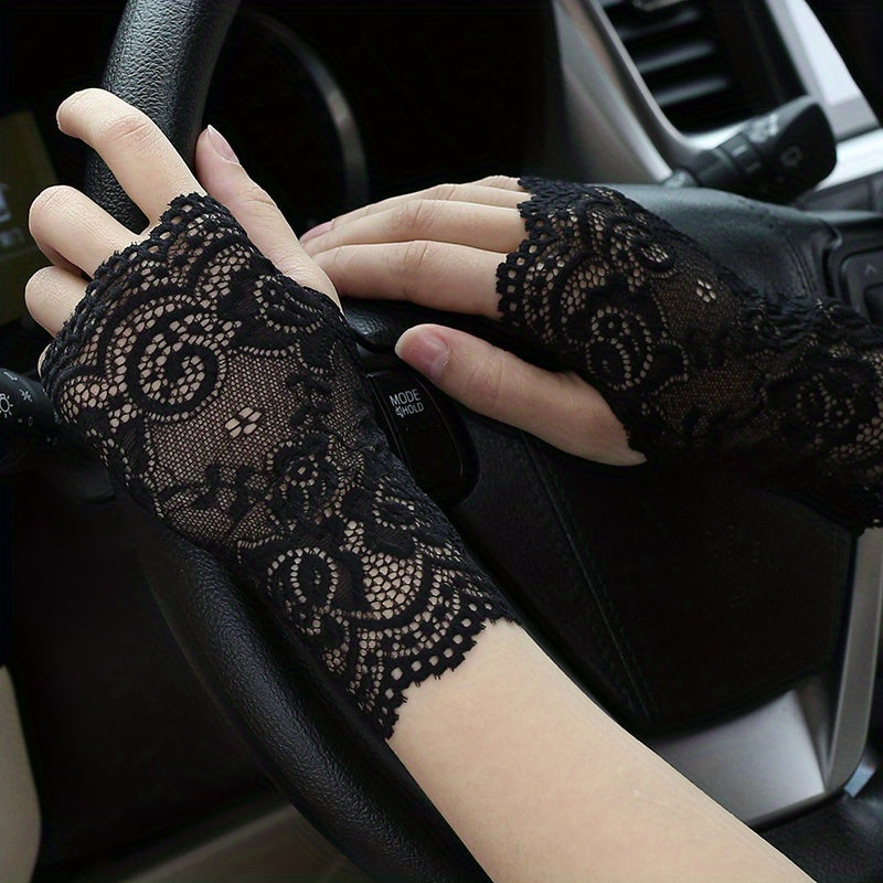 Geometric Lace Half Finger Wrist Sleeves with Thumb Hole for Summer Sunscreen Protection