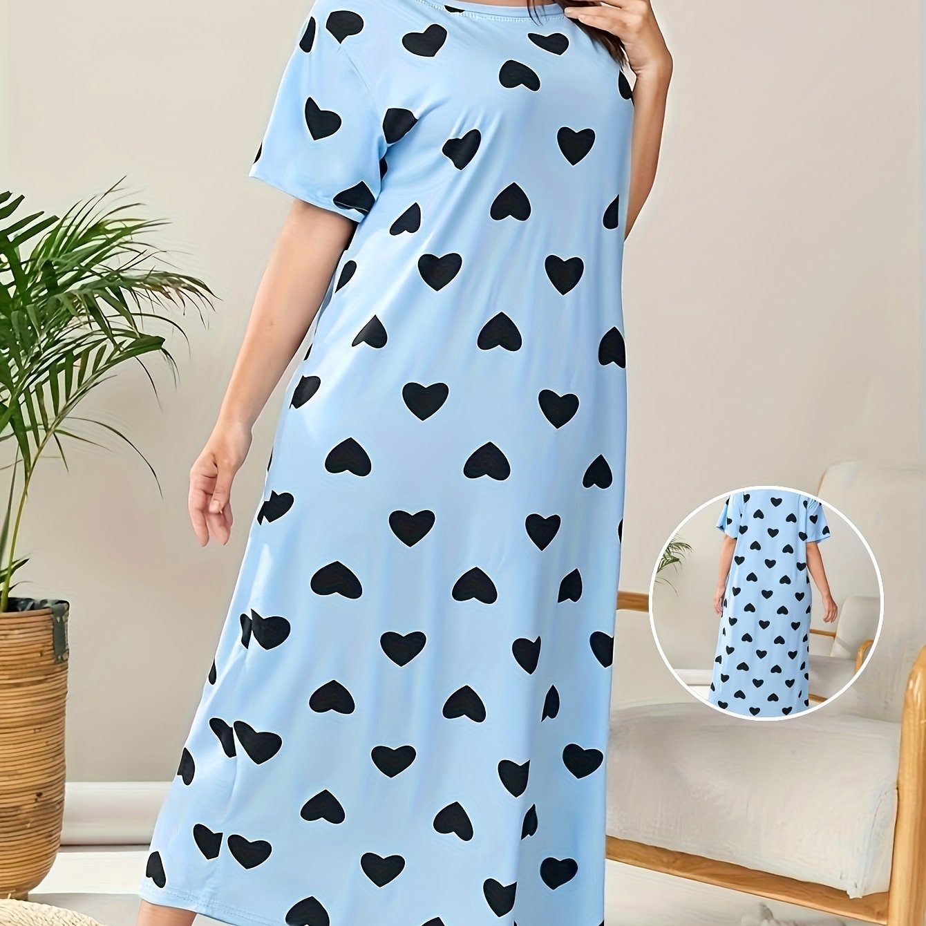 Women's Plus Size Heart Print Short Sleeve Sleep Dress