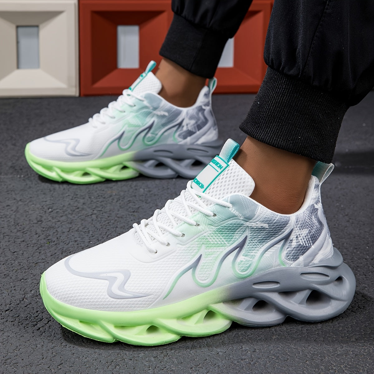 Men's Black and White Breathable Mesh Sneakers with Thick Sole and Geometric Pattern