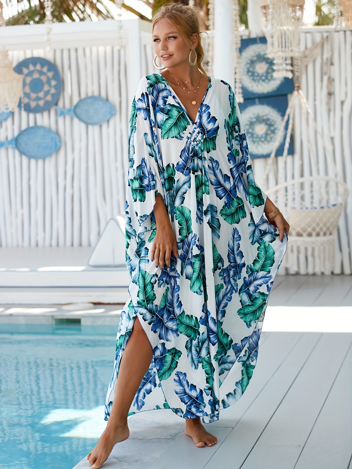 Women's Floral Print Maxi Dress Lightweight V-Neck Batwing Sleeves Summer Outing