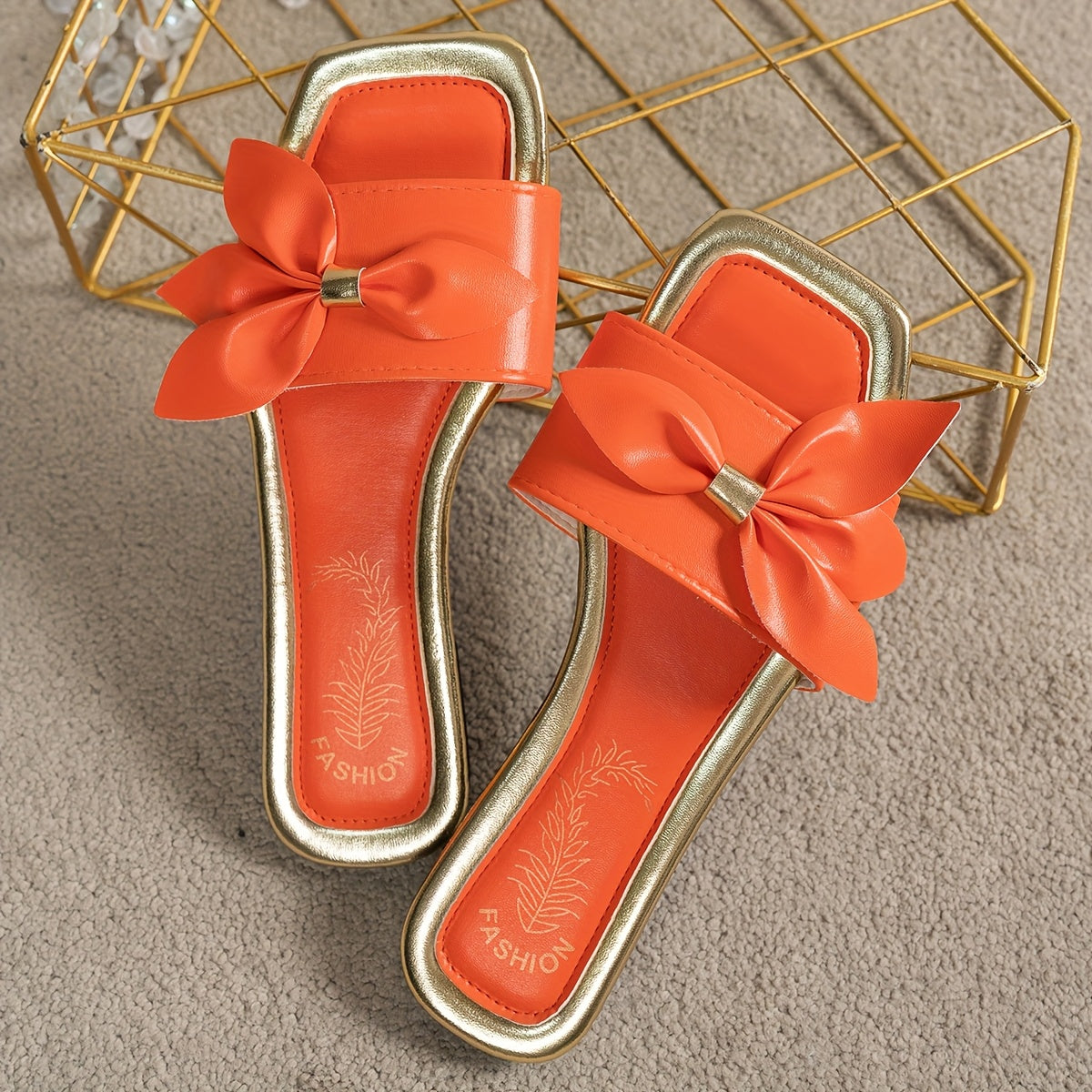 Women's Flat Square Toe Slip-On Sandals with Bow, Pink and Gold