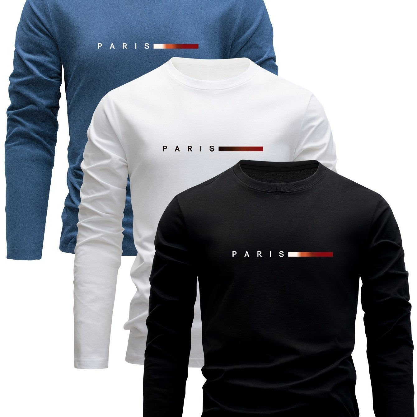 Set of 3 Men's Long Sleeve Cotton T-Shirts with Paris Print Casual Spring Fall Wear