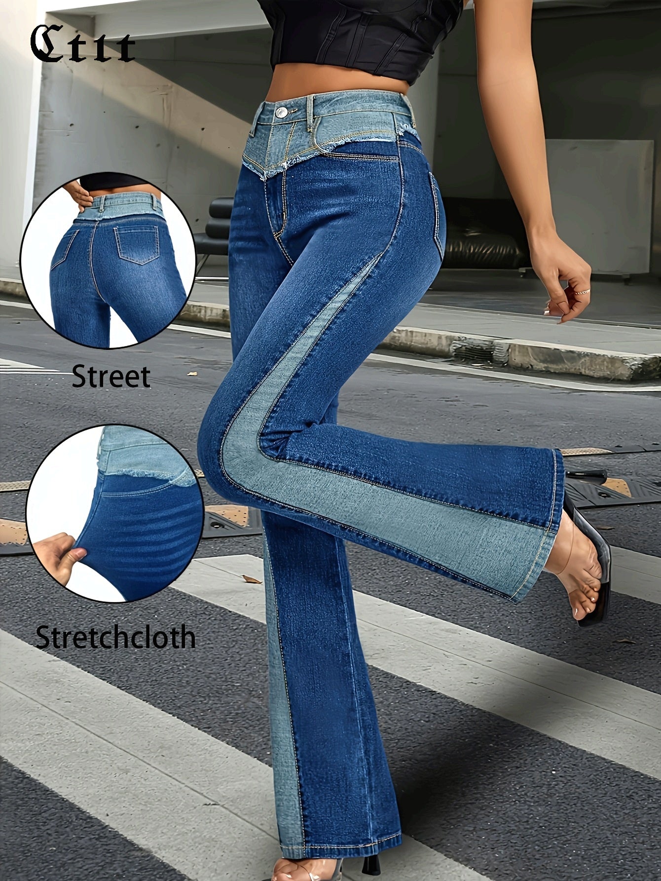 Women's Plus Size High Waist Colorblock Flared Leg Jeans Slim Fit Denim