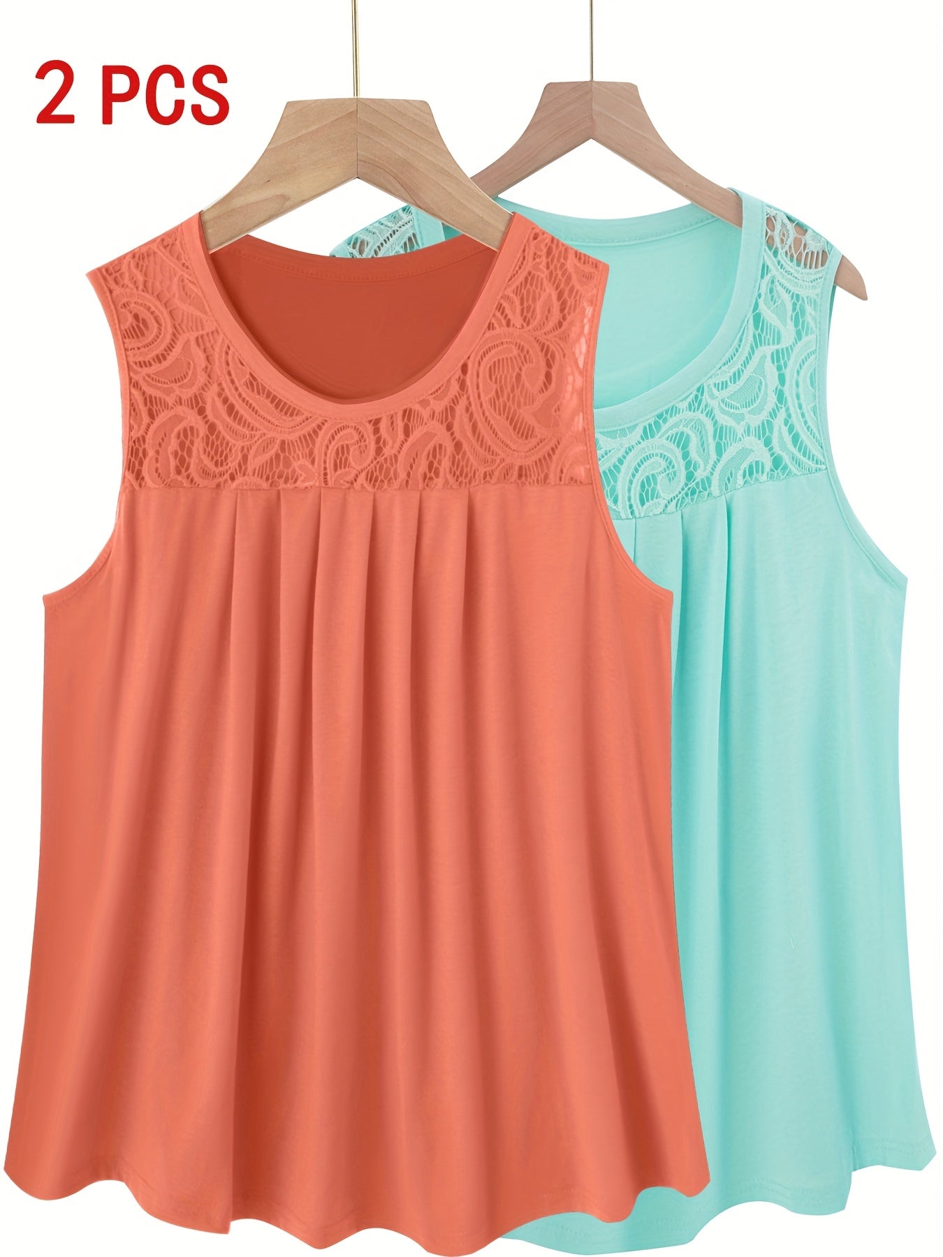 Women's Sleeveless Tops Set Polyester Ruched Contrast Lace Casual Summer