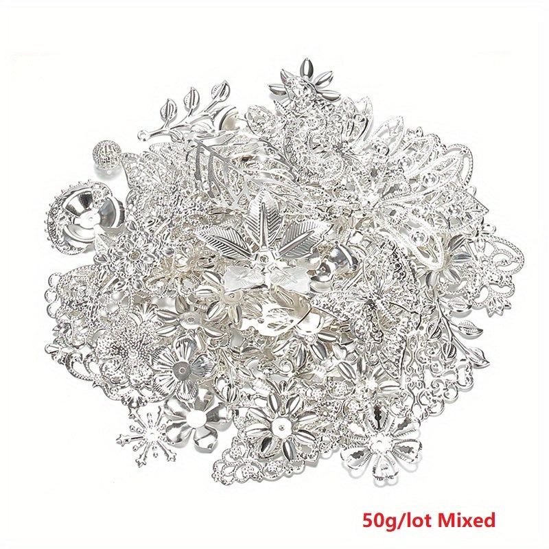 Set of 50g Alloy Charms with Carved Flower and Leaf Designs for Jewelry Making