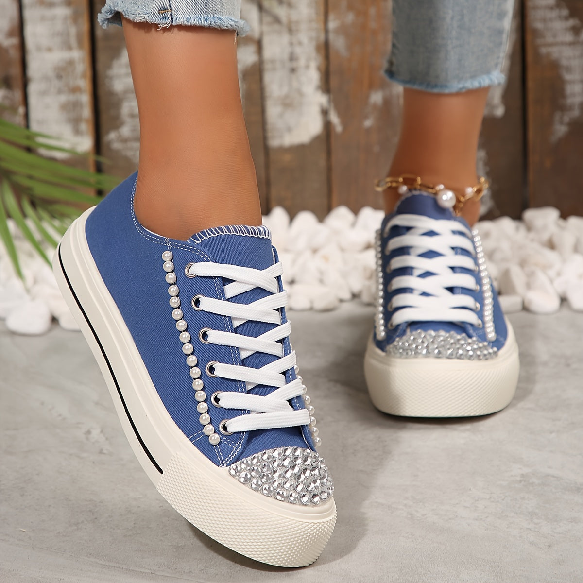 Women's Rhinestone Pearl Strap Casual Shoes With Thick Soles