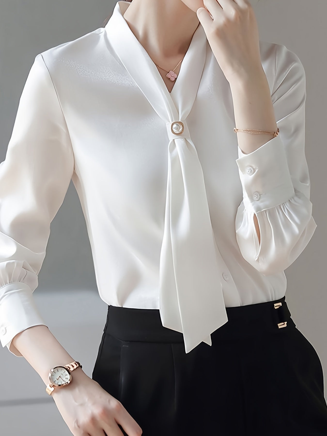 Beaded V-Neck Blouse for Women with Long Sleeves and Solid Color