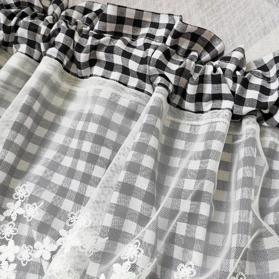 Blue Plaid Short Curtain with Lace Detailing and Rod Pocket for Living Room Kitchen Cafe