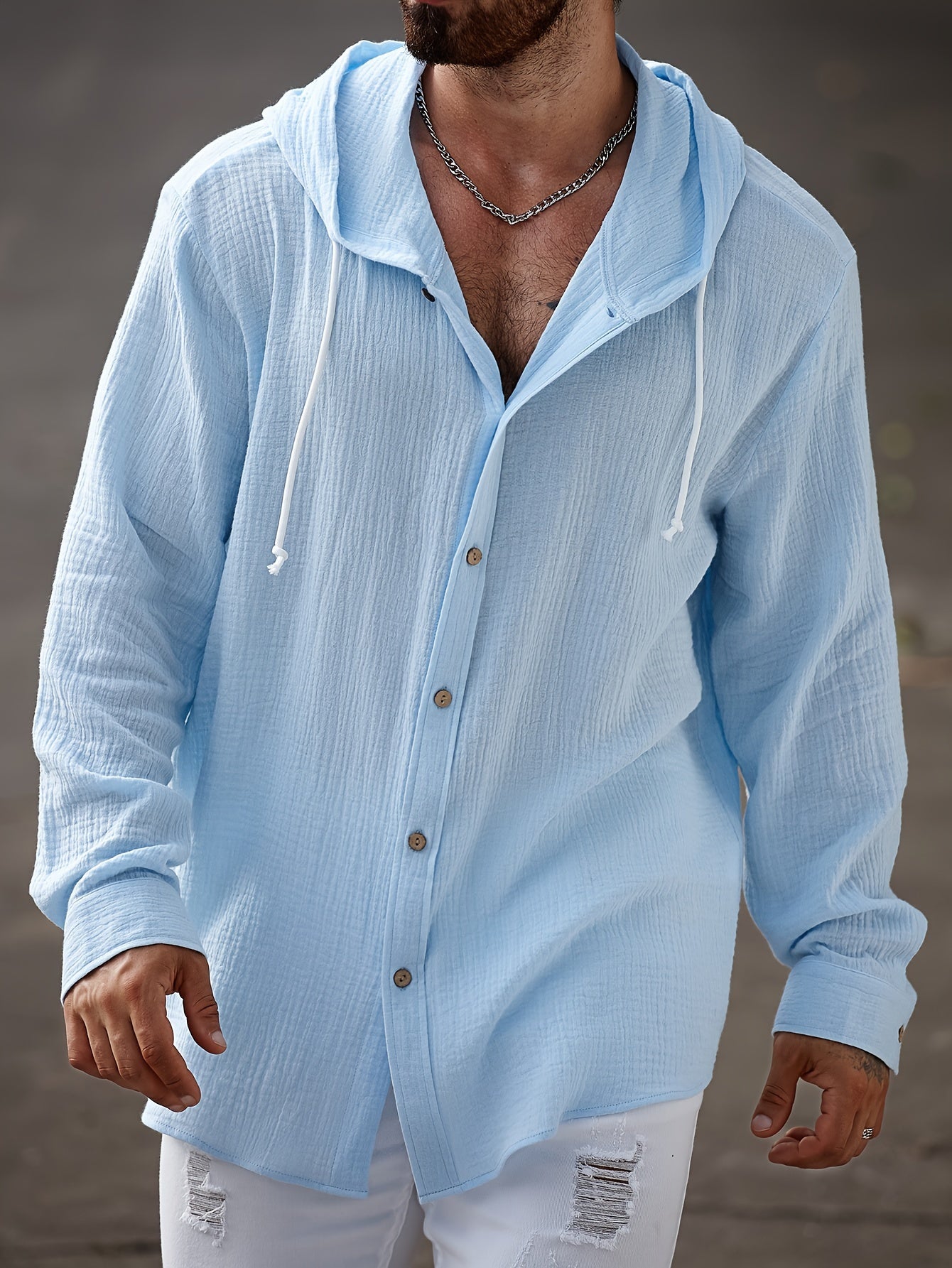 Plus Size Cotton Hooded Shirt for Men Casual Solid Color Spring Fall