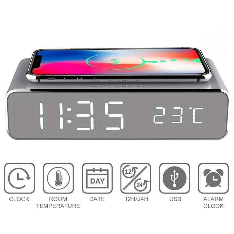 Wireless Charging Station with Alarm Clock Thermometer and Earphone Holder
