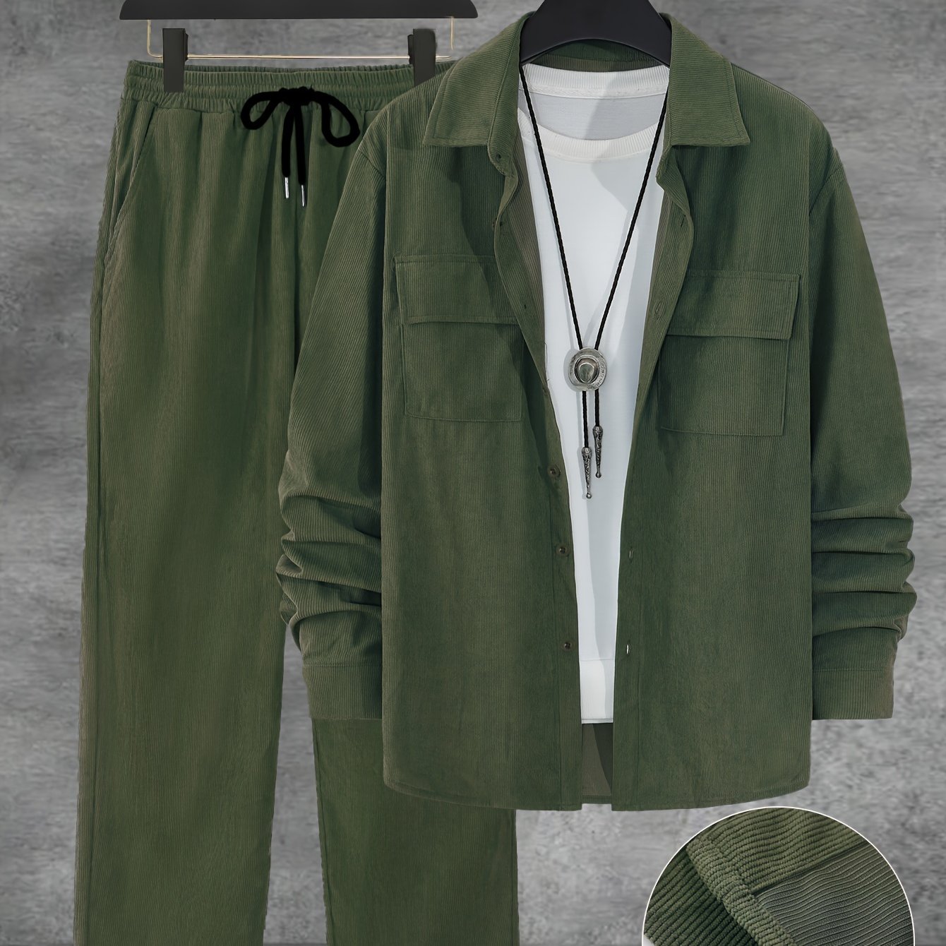 Men's Casual Fall Winter Set Blue Button-Up Shirt Drawstring Pants Outdoor Gift