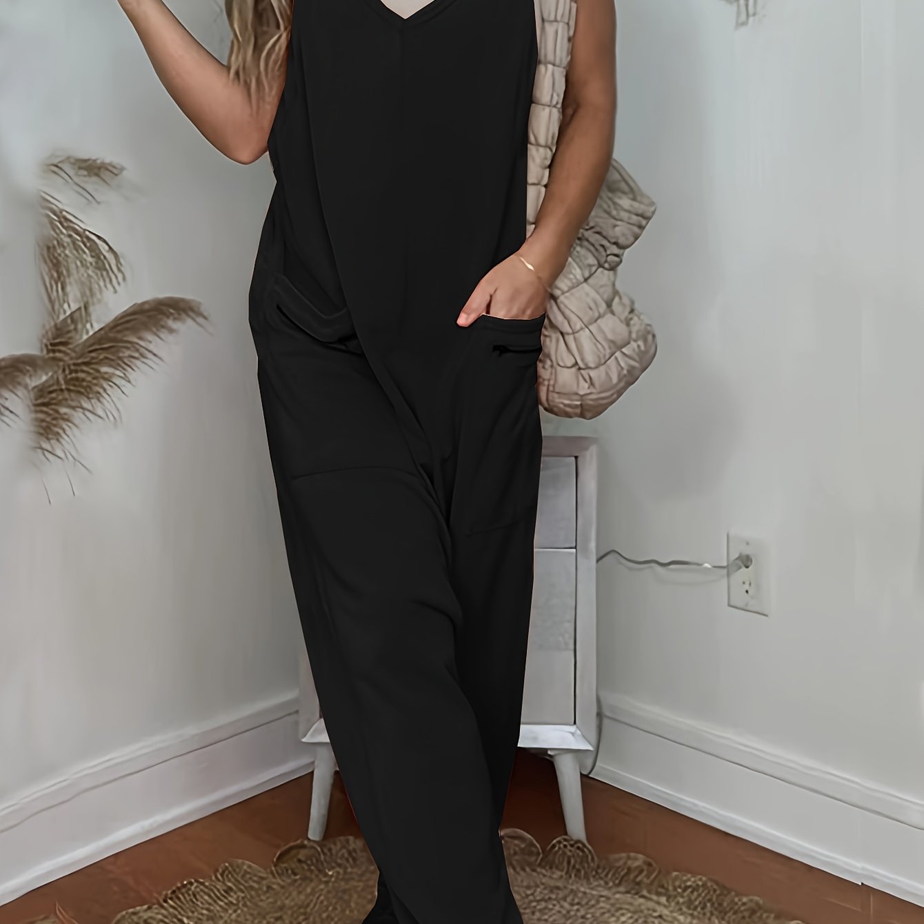 Женский оранжевый комбинезон больших размеров casual без рукавов с V-образным вырезом, удобный