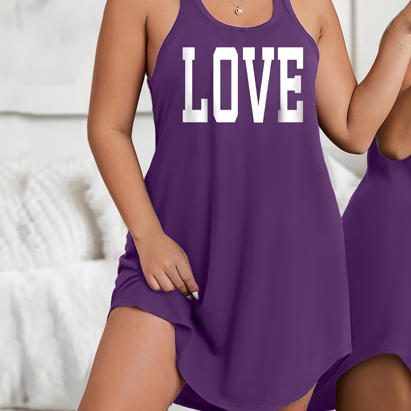 Plus Size Women's Maroon Love Letter Print Sleeveless Sleepshirt Nightgown Lounge Dress