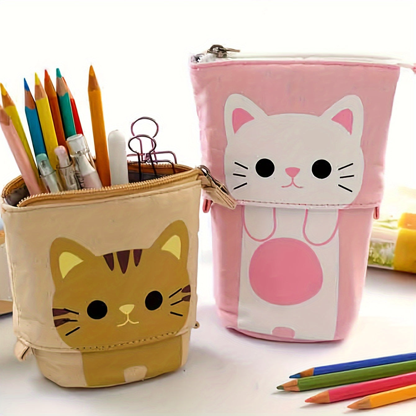 Canvas Cat Pencil Case with Zipper, Expandable, 2-in-1 Telescopic Pouch for Students