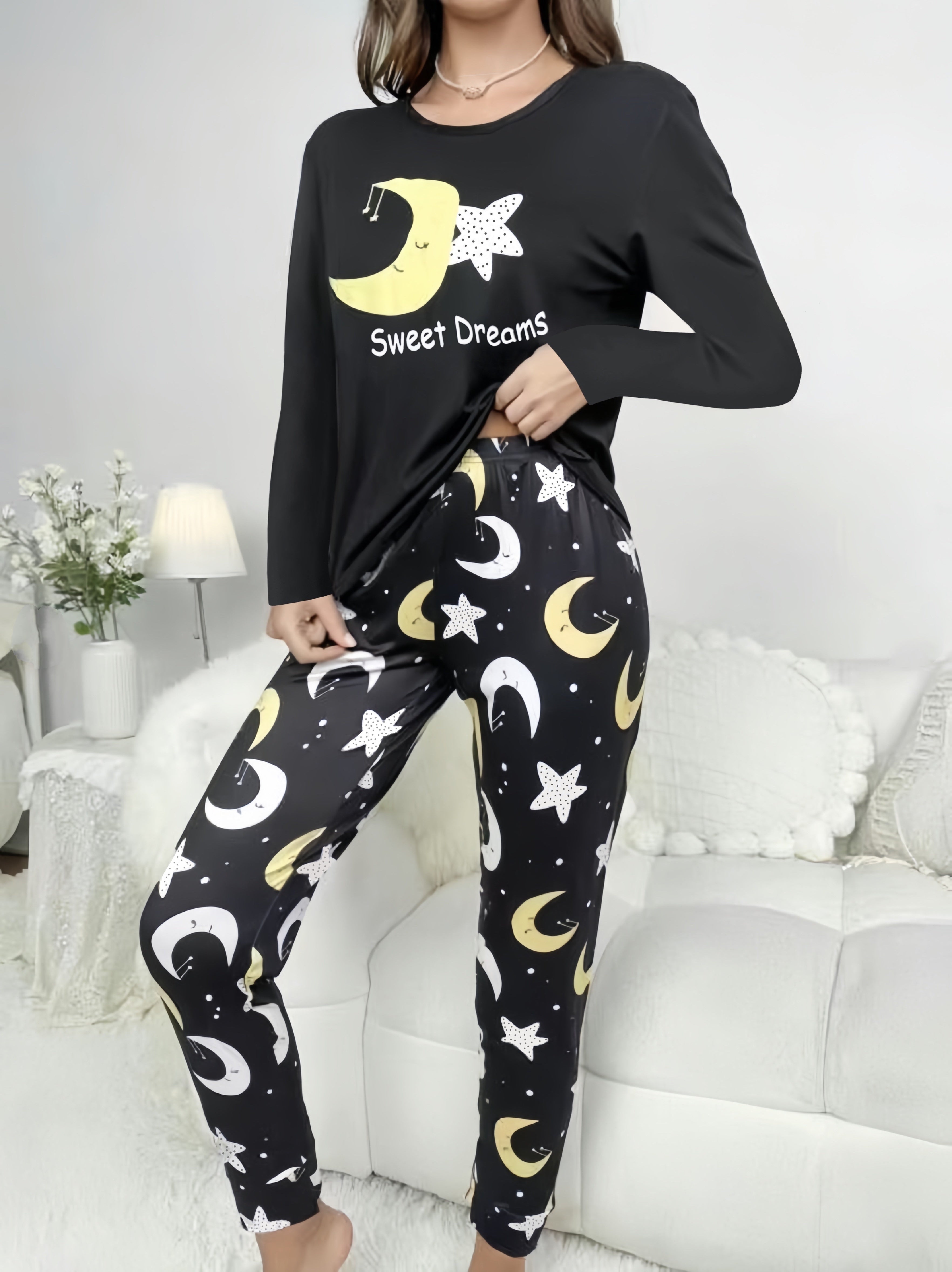 Women's Galaxy Loungewear Set with Moon and Star Print Long Sleeve Crew Neck and Elastic Waist Pants