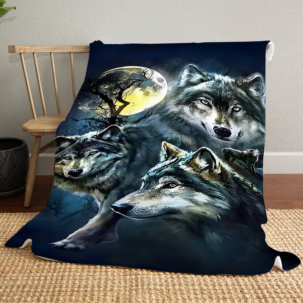 Contemporary Wolves in Moonlight Flannel Fleece Throw Blanket for Sofa Bed Camping
